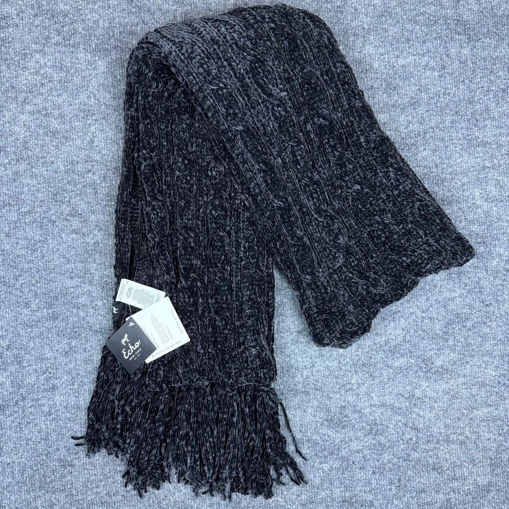 Echo New York Cable Knit Fringe Scarf Soft Cozy Plush Charcoal Black